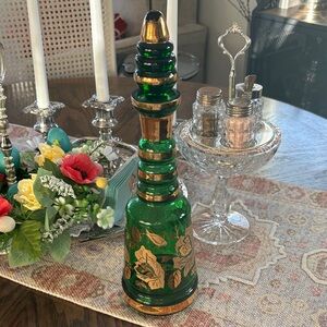 Green Glass Decanter with Gold Floral Detailing